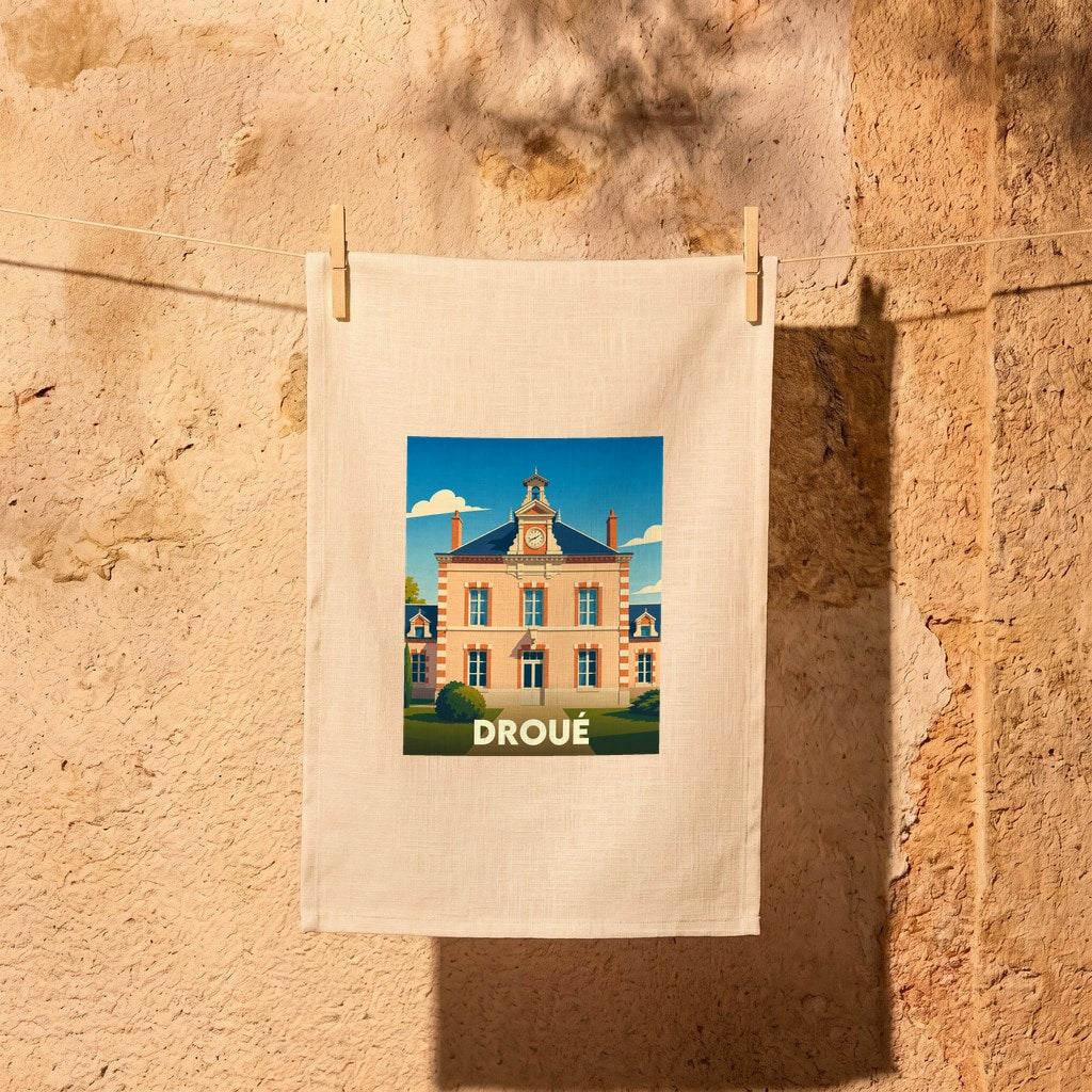 Torchon souvenir de la ville de Droué illustré par un dessin stylisé de son hôtel de ville.