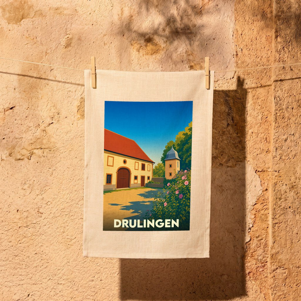 Torchon souvenir de la ville de Drulingen illustrant une scène pittoresque dans un style graphique épuré.