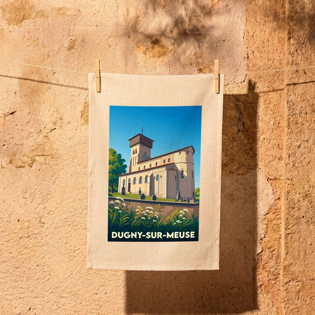 Torchon souvenir de la ville de Dugny-sur-Meuse orné d'une illustration stylisée de son église fortifiée.