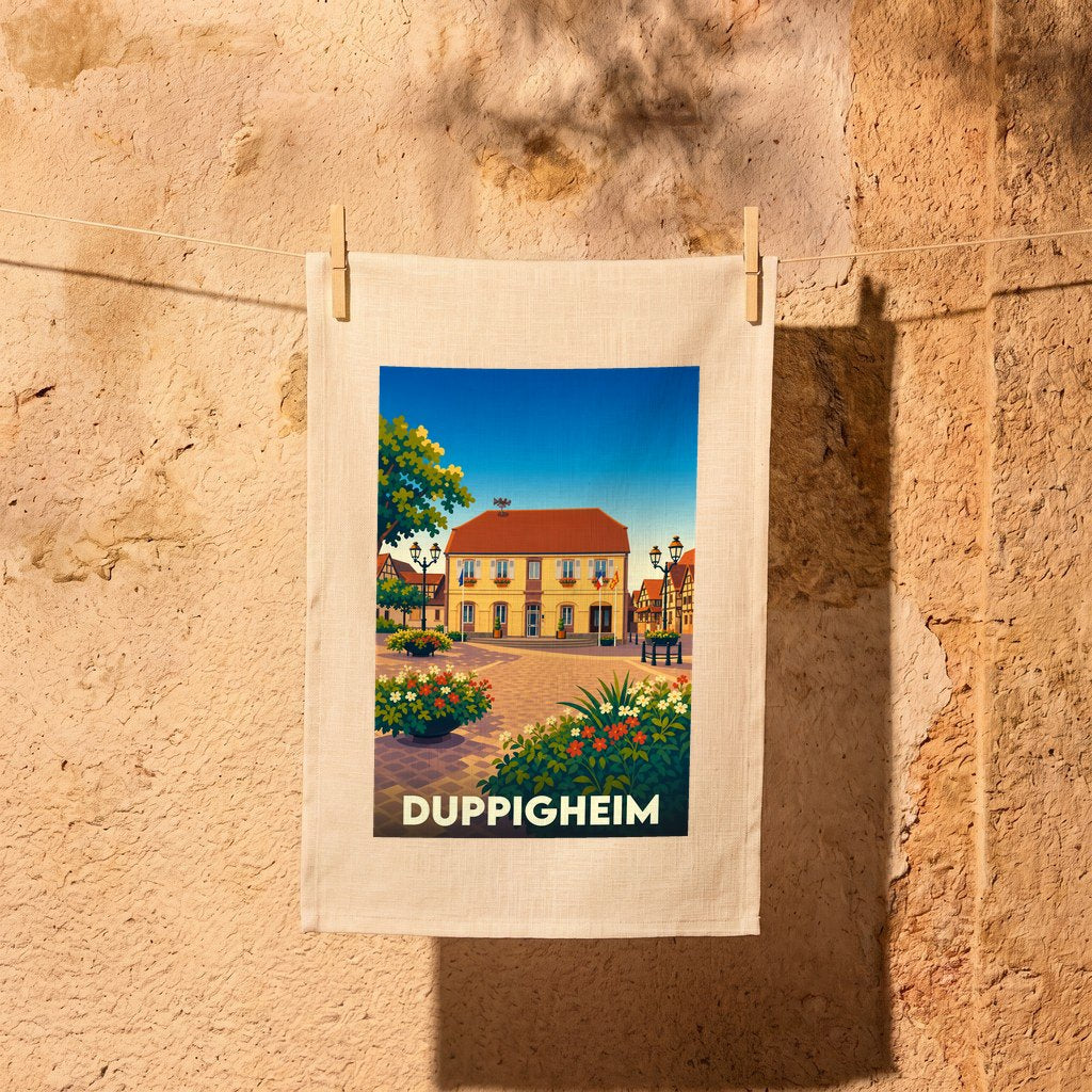 Torchon souvenir de la ville de Duppigheim avec une illustration stylisée d'une place ensoleillée et fleurie.