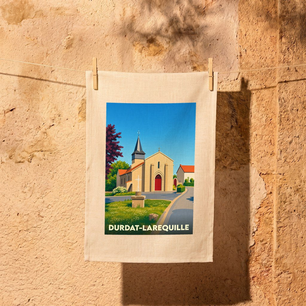 Torchon souvenir de la ville de Durdat-Larequille avec une illustration stylisée de son église.
