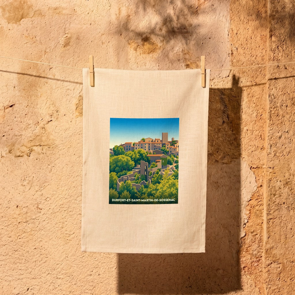 Torchon souvenir de la ville de Durfort-et-Saint-Martin-de-Sossenac avec une illustration stylisée.