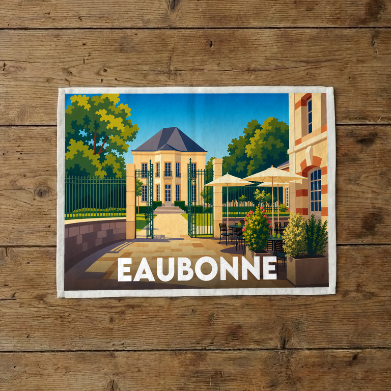 Torchon souvenir de la ville de Eaubonne illustrant une élégante bâtisse et une terrasse de café dans un style graphique épuré.