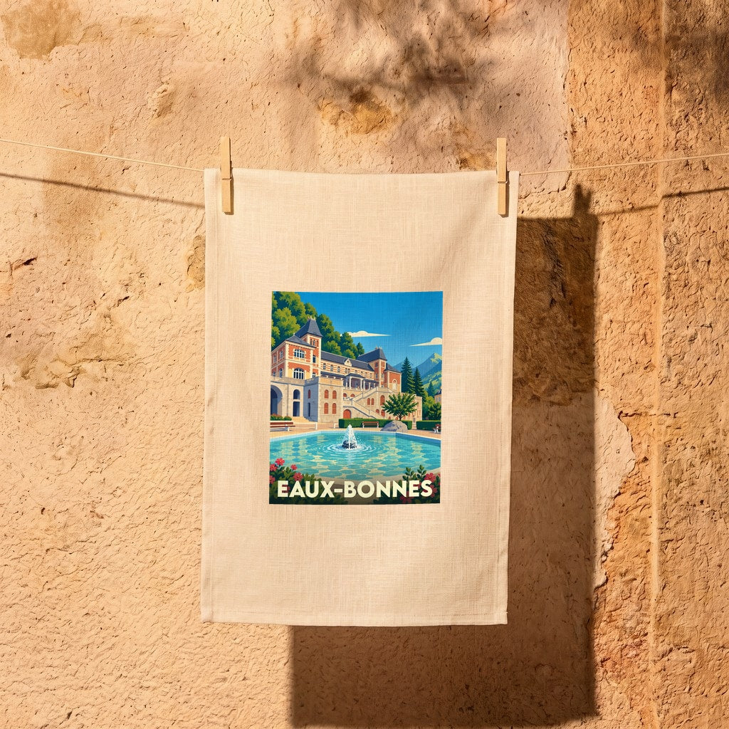 Torchon souvenir de la ville de Eaux-Bonnes avec une illustration stylisée d'un palais et de son bassin.