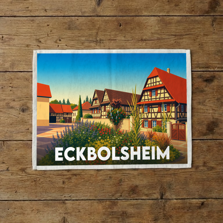 Torchon souvenir de la ville d'Eckbolsheim avec une illustration stylisée de maisons à colombages alsaciennes et d'un jardin fleuri.