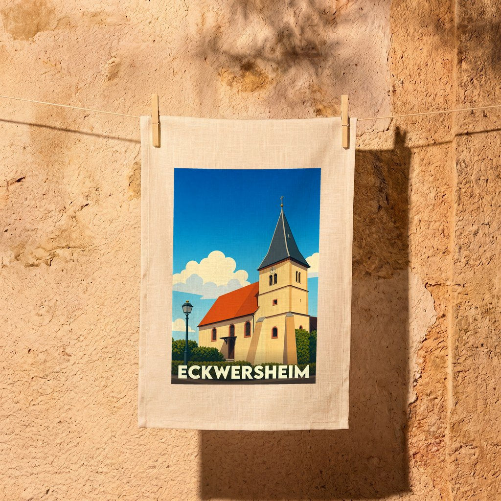 Torchon souvenir de la ville d'Eckwersheim avec une illustration stylisée de son église sous un ciel bleu.