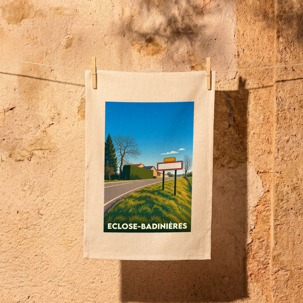 Torchon souvenir de la ville de Eclose-Badinières avec une illustration stylisée d'un paysage de route de campagne.