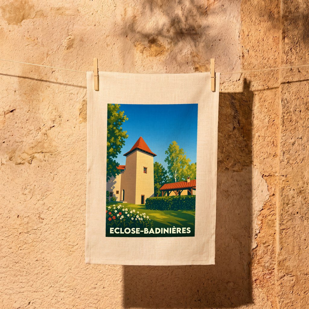 Torchon souvenir de la ville d'Eclose-Badinières avec une illustration stylisée.
