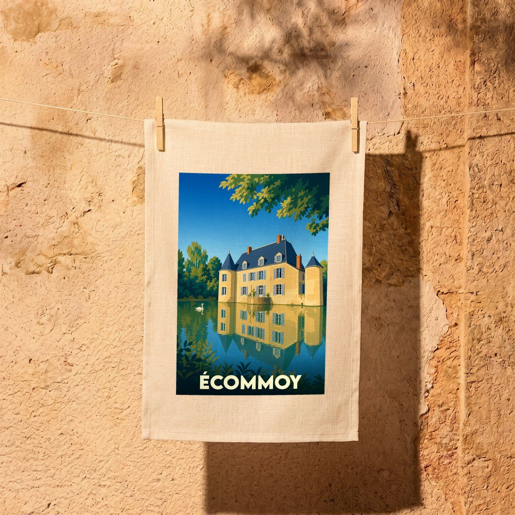 Torchon souvenir de la ville d'Écommoy avec une illustration stylisée d'un château se reflétant dans l'eau.