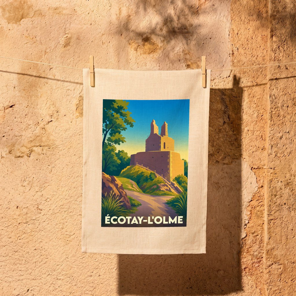 Torchon souvenir de la ville d'Écotay-l'Olme avec une illustration stylisée de son patrimoine.