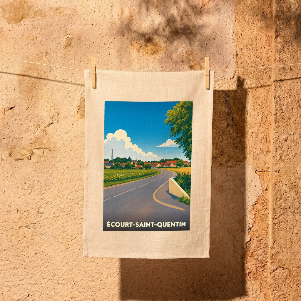 Torchon souvenir de la ville de Écourt-Saint-Quentin avec une illustration stylisée d'un paysage de campagne.