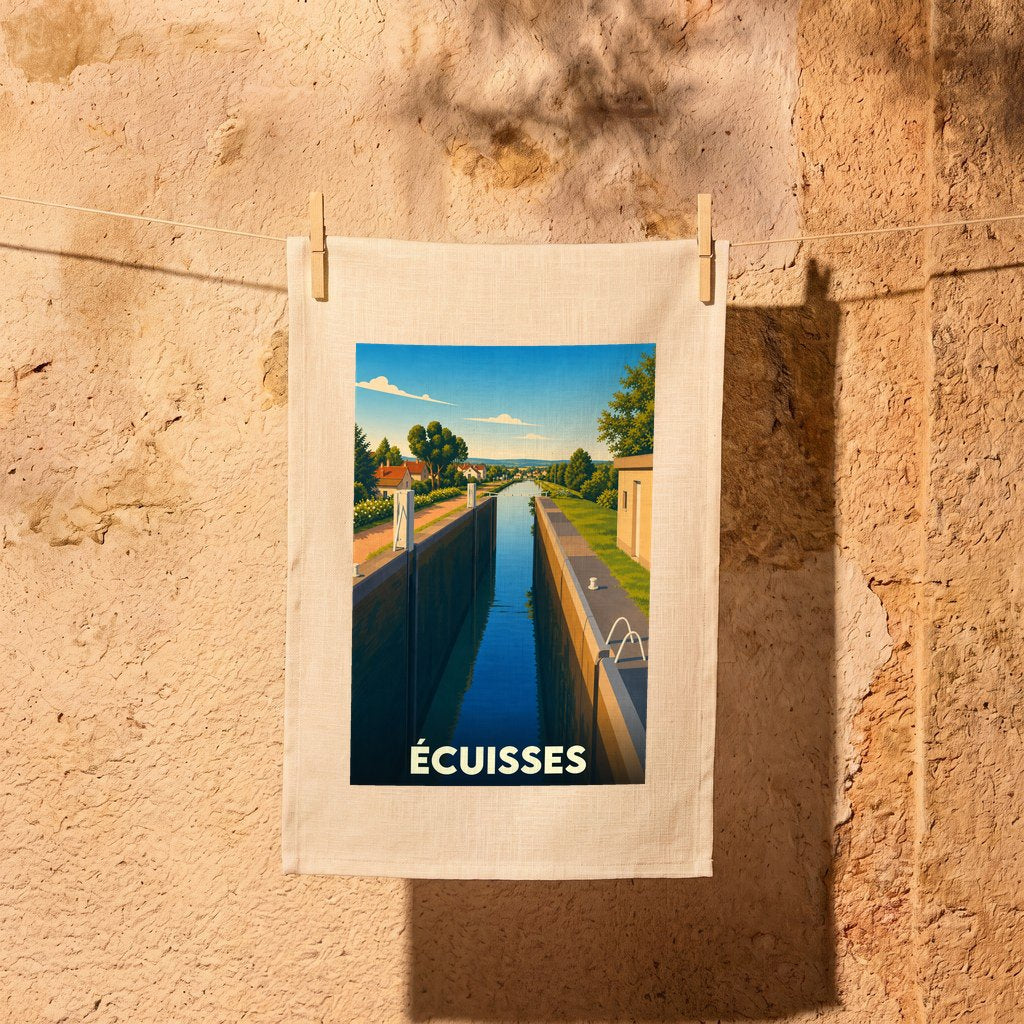 Torchon souvenir de la ville d'Écuisses orné d'une illustration stylisée représentant les écluses du canal.