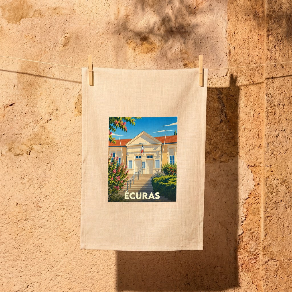 Torchon souvenir de la ville d'Écuras avec une illustration stylisée d'un bâtiment municipal.
