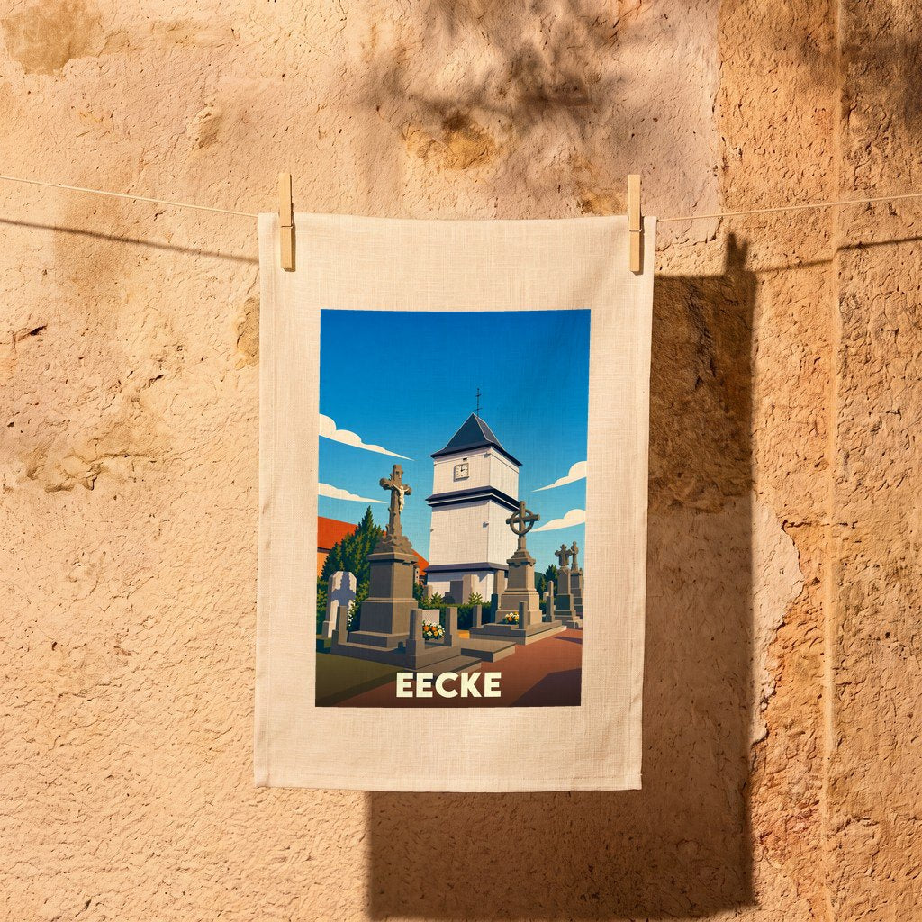 Torchon souvenir de la ville de Eecke illustrant son église et son cimetière dans un style graphique épuré.