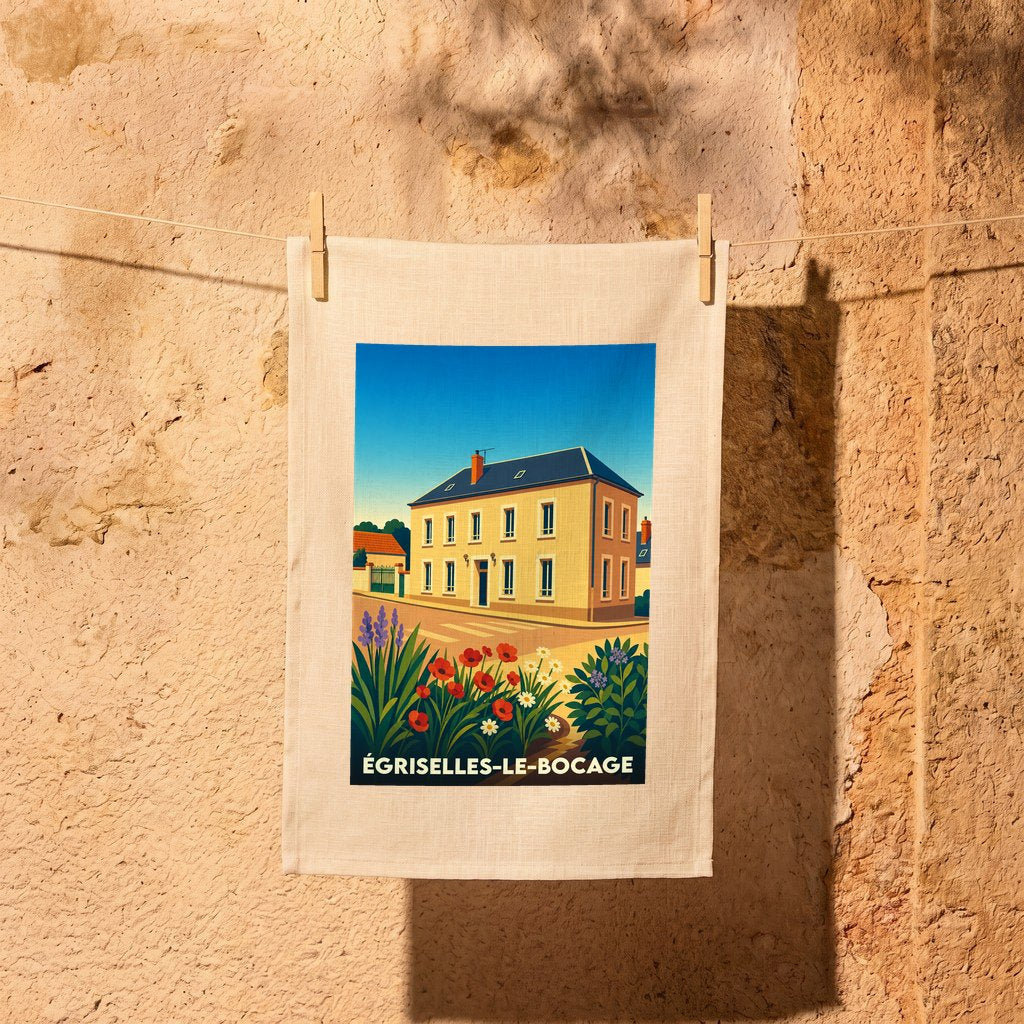 Torchon souvenir de la ville d'Égriselles-le-Bocage avec une illustration stylisée d'une maison bourgeoise et de fleurs.