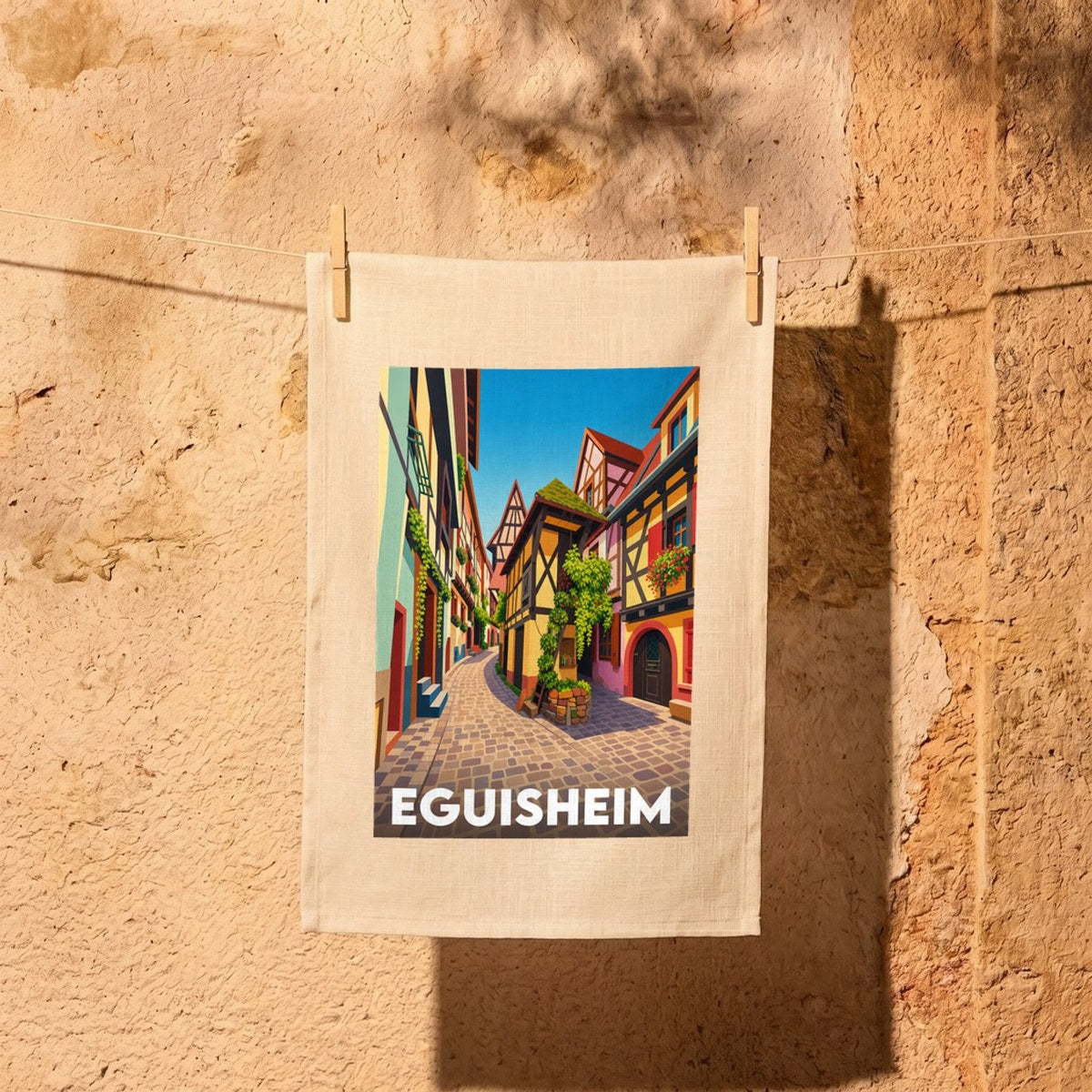 Torchon souvenir de la ville d'Eguisheim avec une illustration stylisée et colorée de ses maisons à colombages.