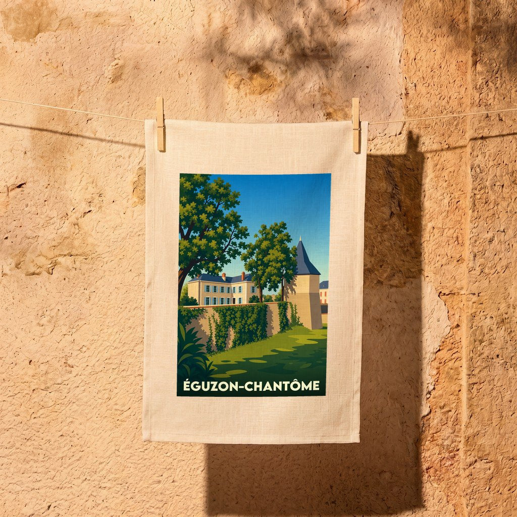 Torchon souvenir de la ville de Éguzon-Chantôme avec une illustration stylisée de son patrimoine.