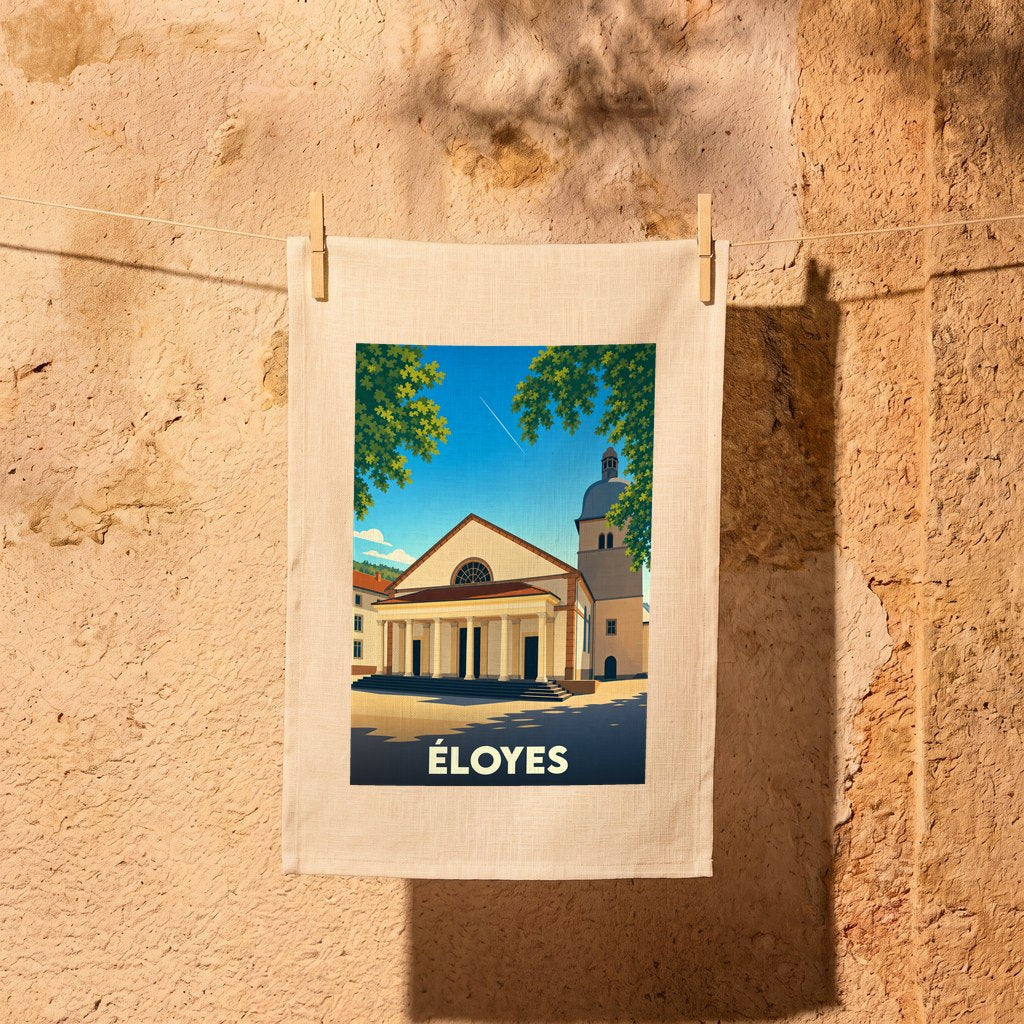 Torchon souvenir de la ville d'Éloyes illustré d'un dessin stylisé de son église sous un ciel bleu.