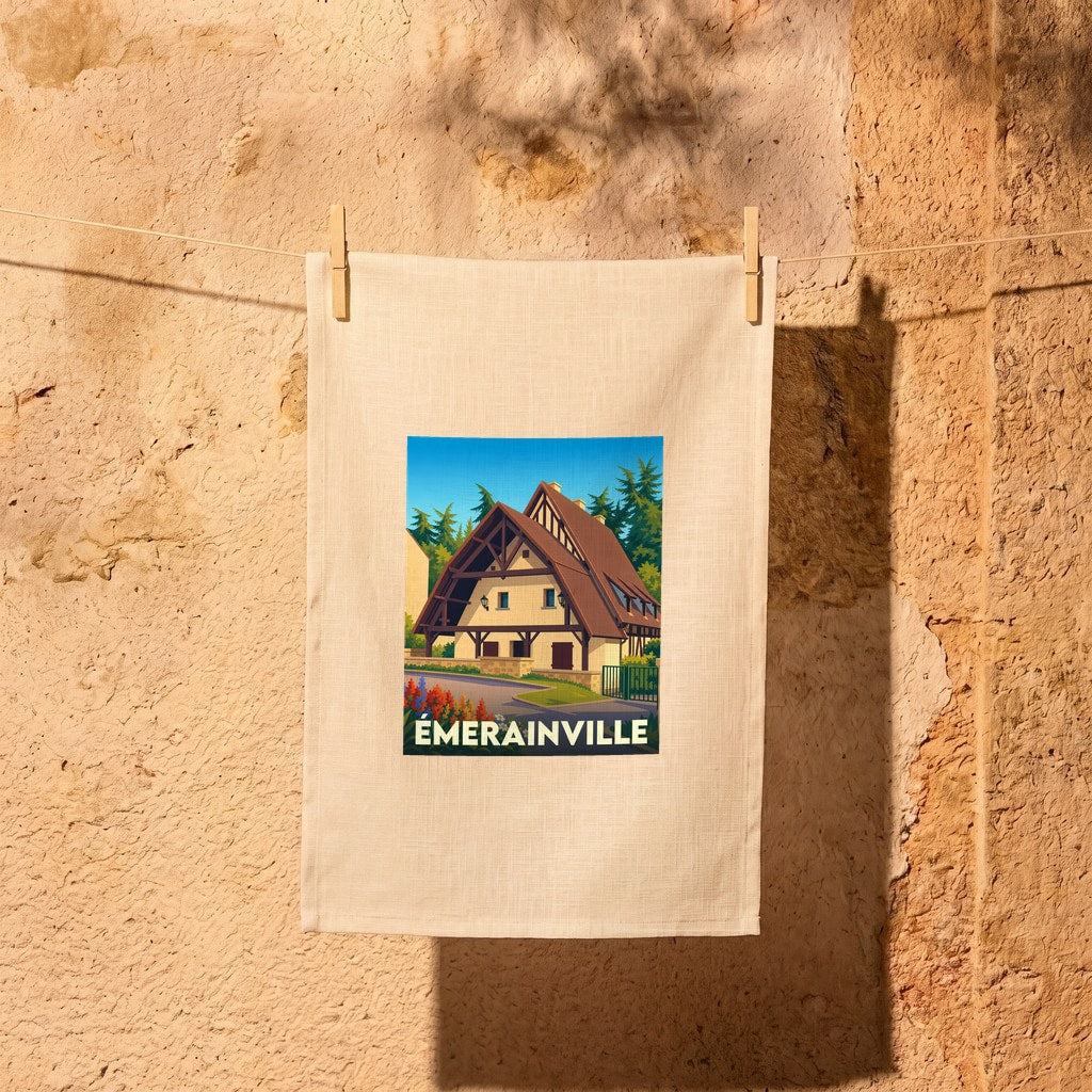 Torchon souvenir de la ville de Émerainville avec une illustration stylisée d'une maison traditionnelle.