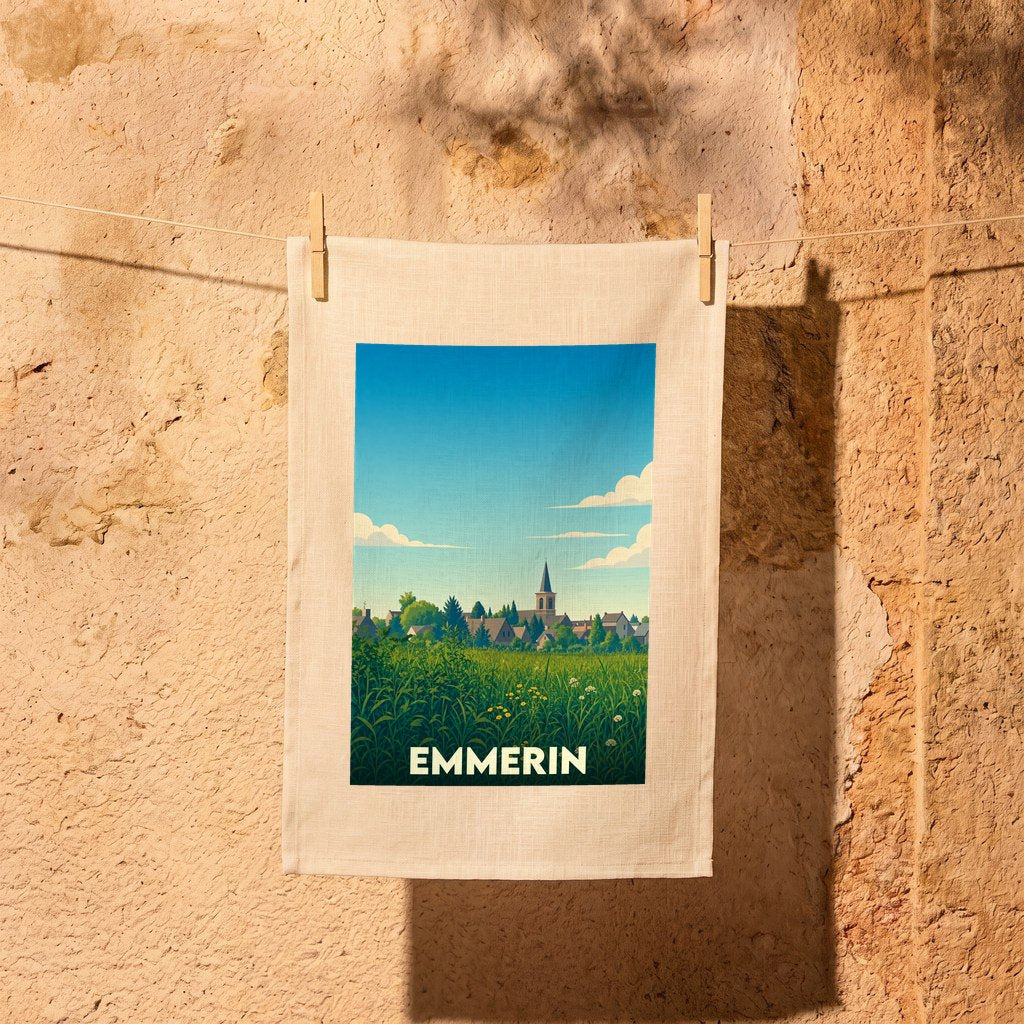 Torchon souvenir de la ville d'Emmerin avec une illustration stylisée de son paysage champêtre et de son église.