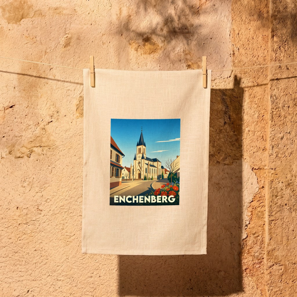 Torchon souvenir de la ville d'Enchenberg avec une illustration stylisée d'une église et de maisons typiques.