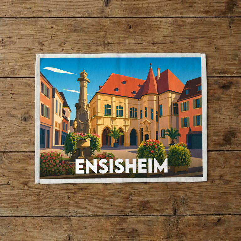 Torchon souvenir de la ville d'Ensisheim illustrant son hôtel de ville historique dans un style graphique coloré.