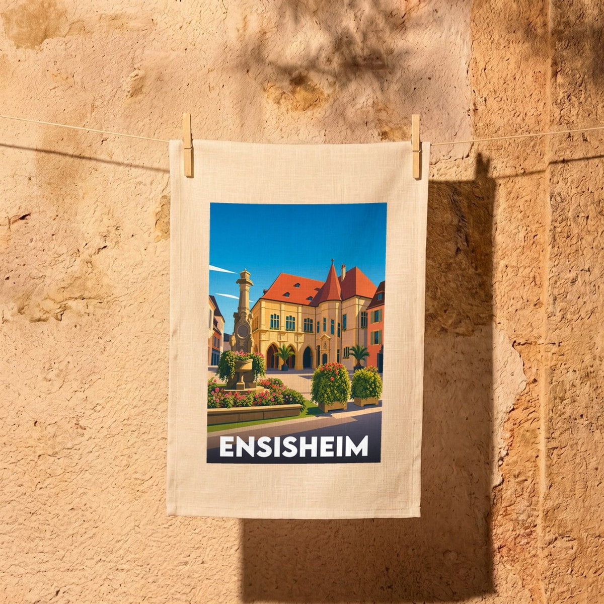 Torchon souvenir de la ville d'Ensisheim illustrant son hôtel de ville historique dans un style graphique coloré.