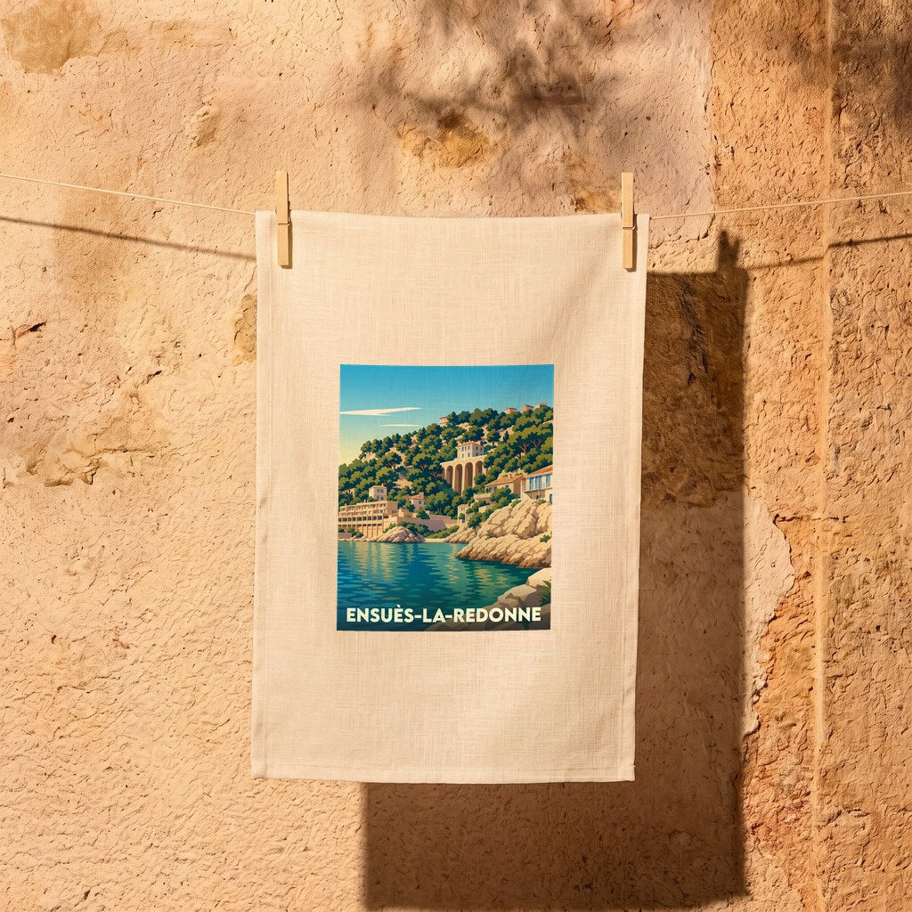 Torchon souvenir de la ville d'Ensuès-la-Redonne illustré par une vue stylisée de son littoral escarpé.