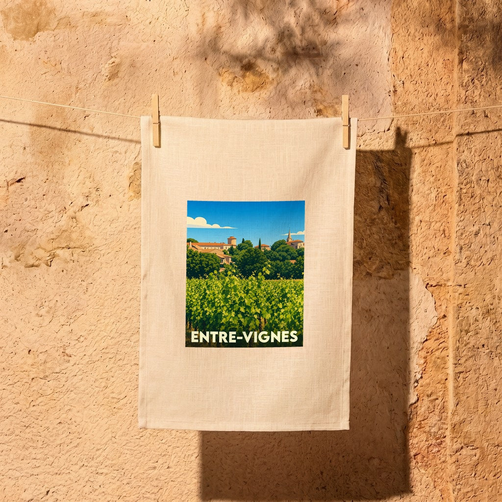 Torchon souvenir de la ville de Entre-Vignes avec une illustration stylisée de ses vignobles.