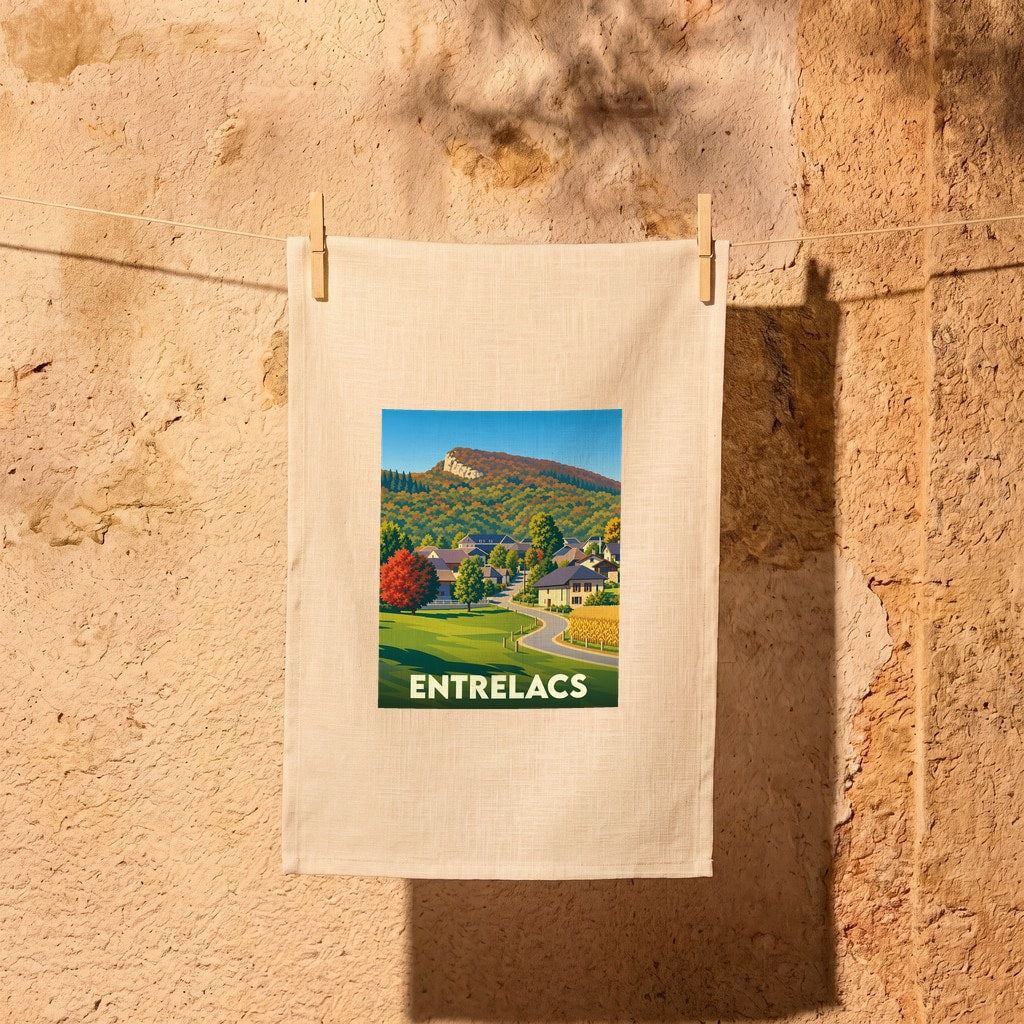 Torchon souvenir de la ville de Entrelacs illustré d'un paysage de campagne pittoresque.
