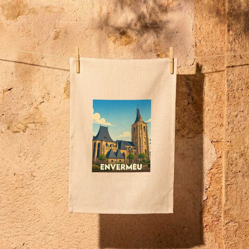 Torchon souvenir de la ville d'Envermeu illustré d'une église stylisée sous un ciel bleu.