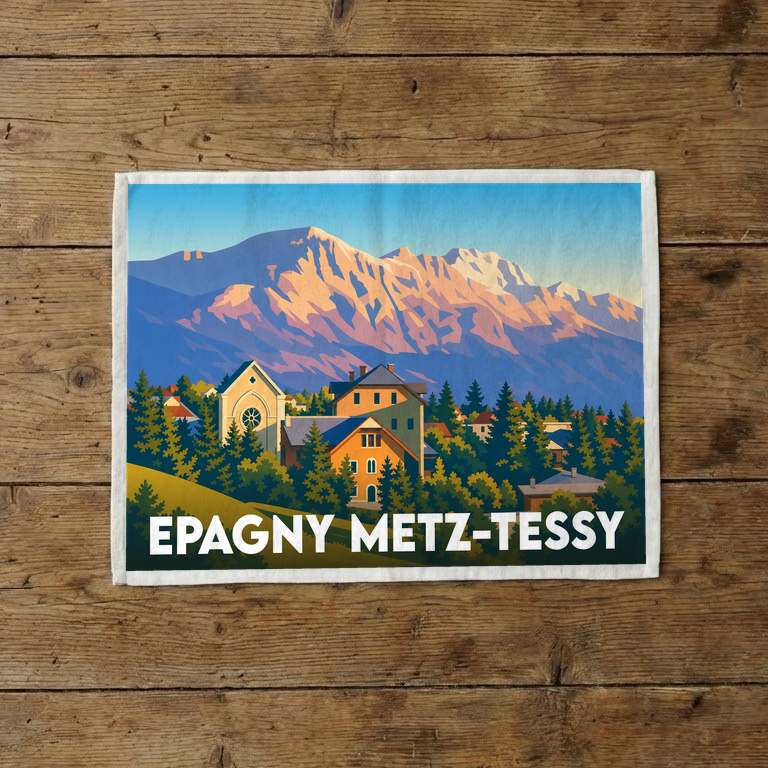 Torchon souvenir de la ville d'Epagny Metz-Tessy avec une illustration stylisée de montagne et de village.