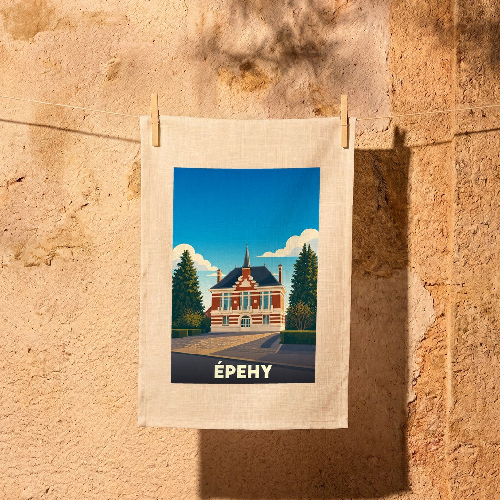 Torchon souvenir de la ville d'Épehy avec une illustration stylisée de son hôtel de ville.