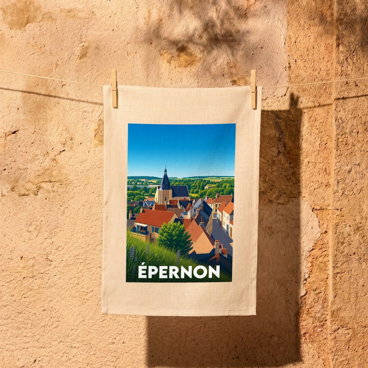 Torchon souvenir de la ville d'Épernon avec une illustration stylisée de son église et de ses toits.