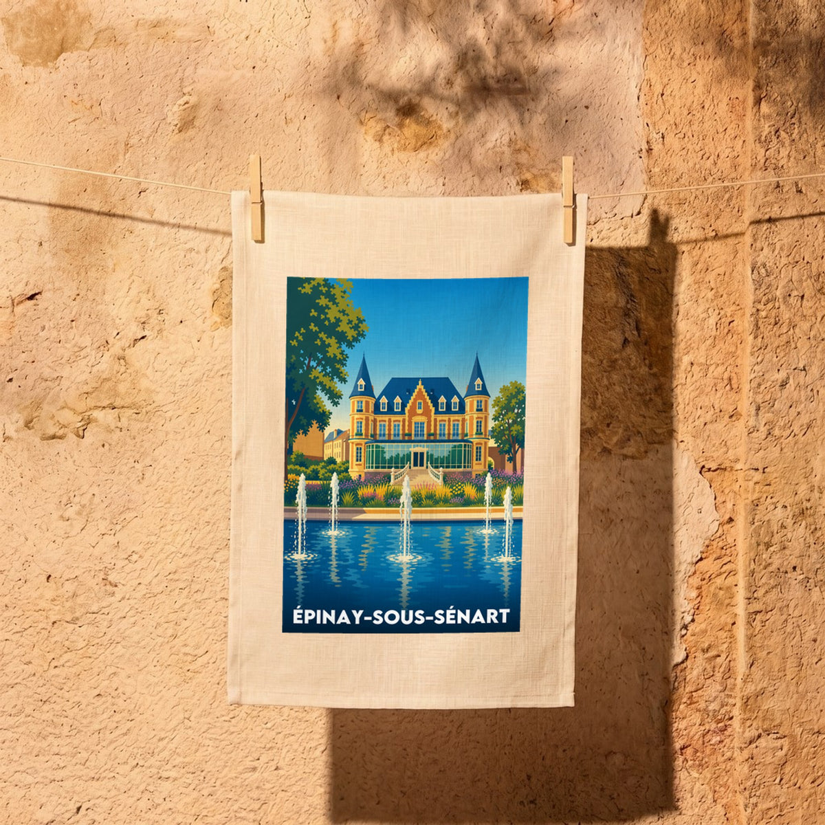 Torchon souvenir de la ville de Épinay-sous-Sénart avec une illustration stylisée d'un manoir et ses jardins.