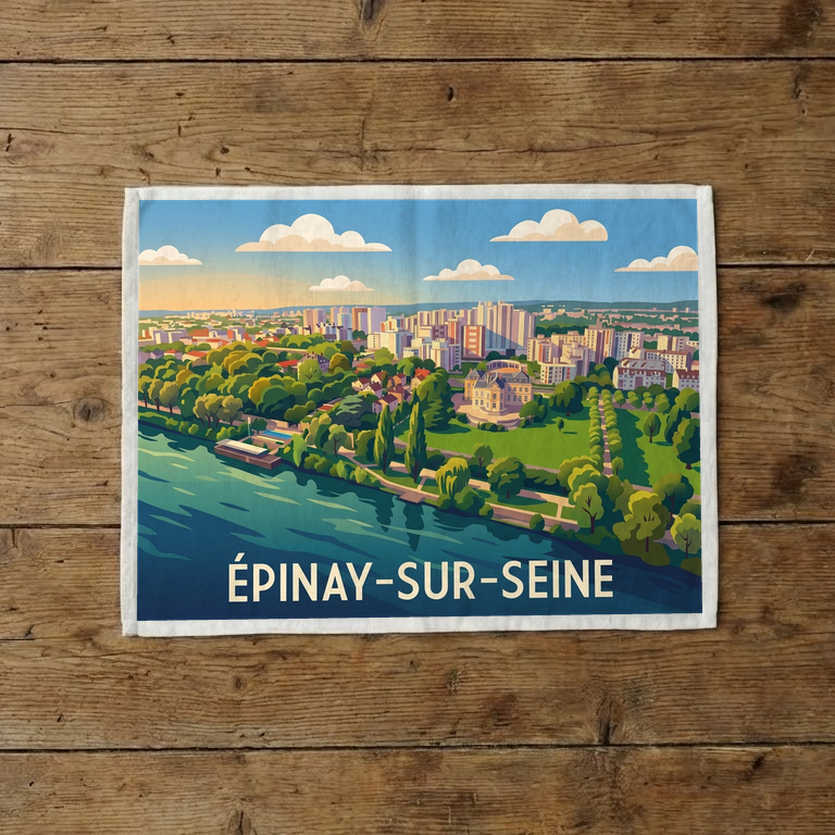 Torchon souvenir de la ville d'Épinay-sur-Seine avec une illustration stylisée de son paysage bordant la Seine.
