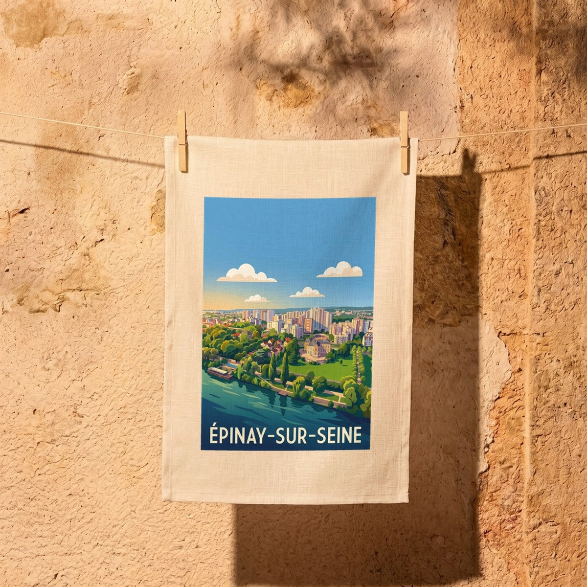 Torchon souvenir de la ville d'Épinay-sur-Seine avec une illustration stylisée de son paysage bordant la Seine.