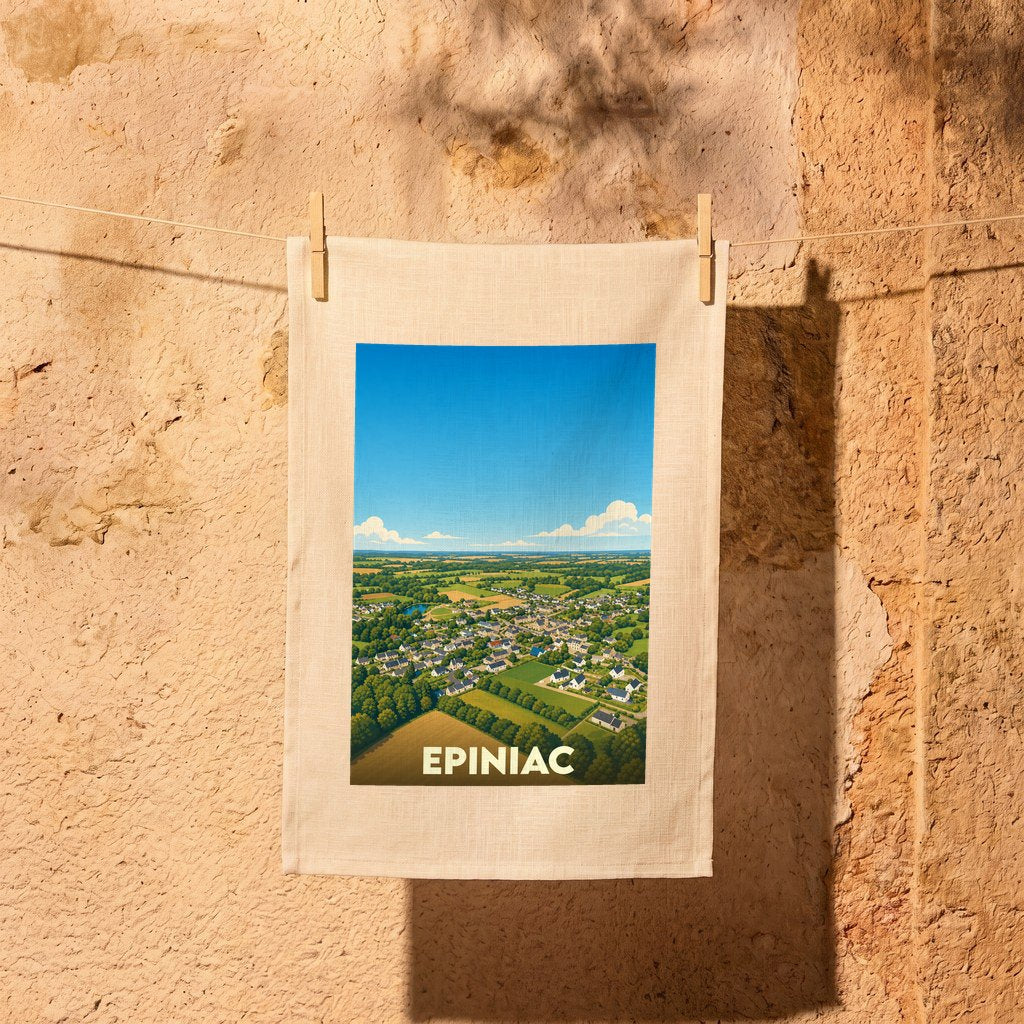 Torchon souvenir de la ville d'Epiniac avec une illustration paysagère stylisée.