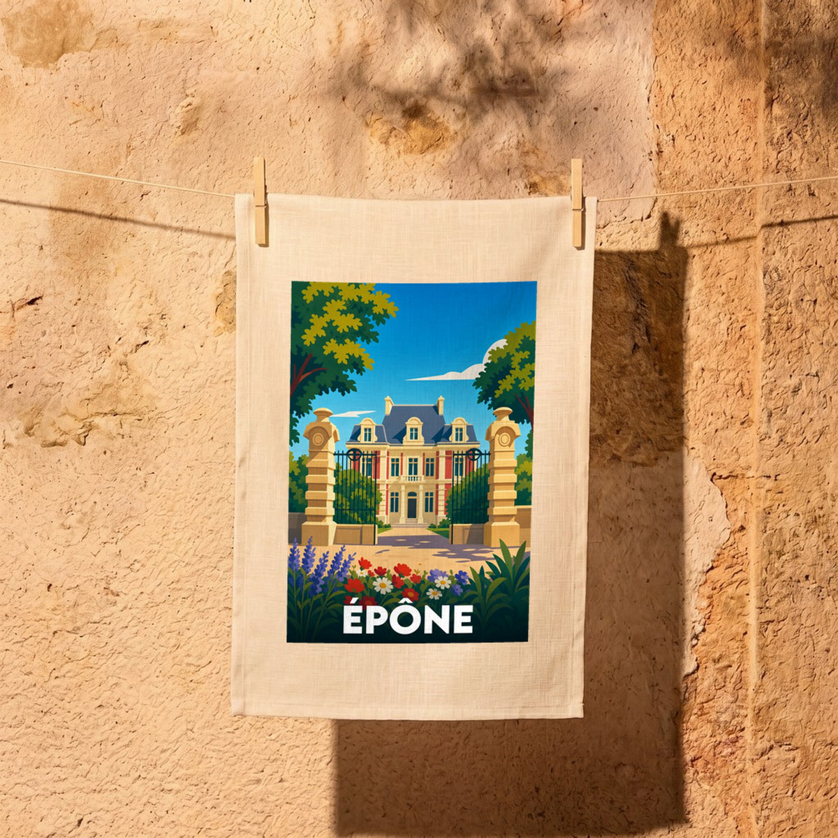 Torchon souvenir de la ville d'Épône illustrant un château derrière une grille majestueuse dans un style graphique épuré.