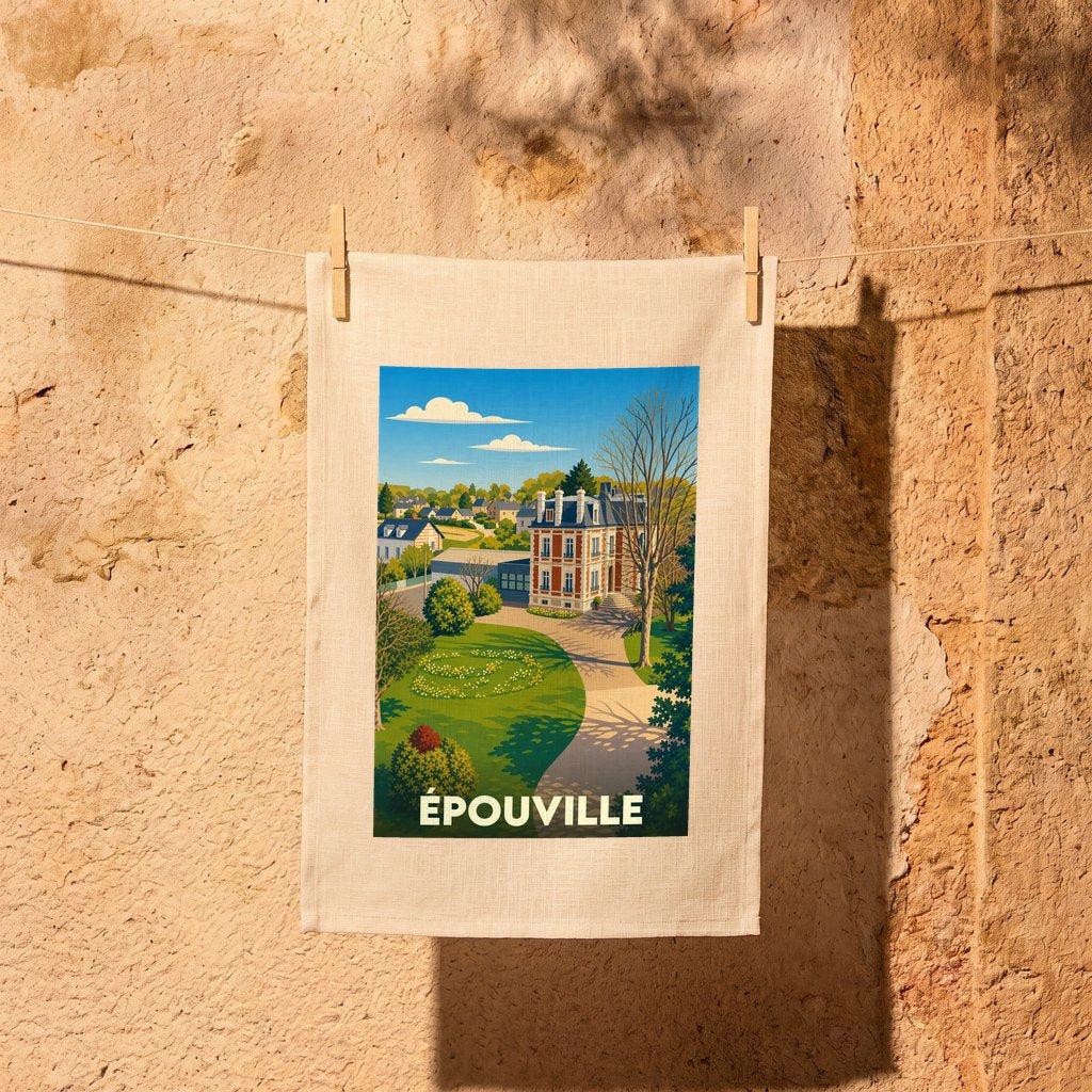 Torchon souvenir de la ville d'Épouville illustré par une vue stylisée d'un manoir et de son parc.