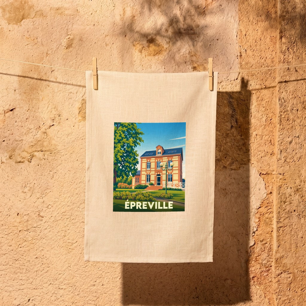 Torchon souvenir de la ville d'Épreville orné d'une illustration stylisée d'une demeure traditionnelle normande.