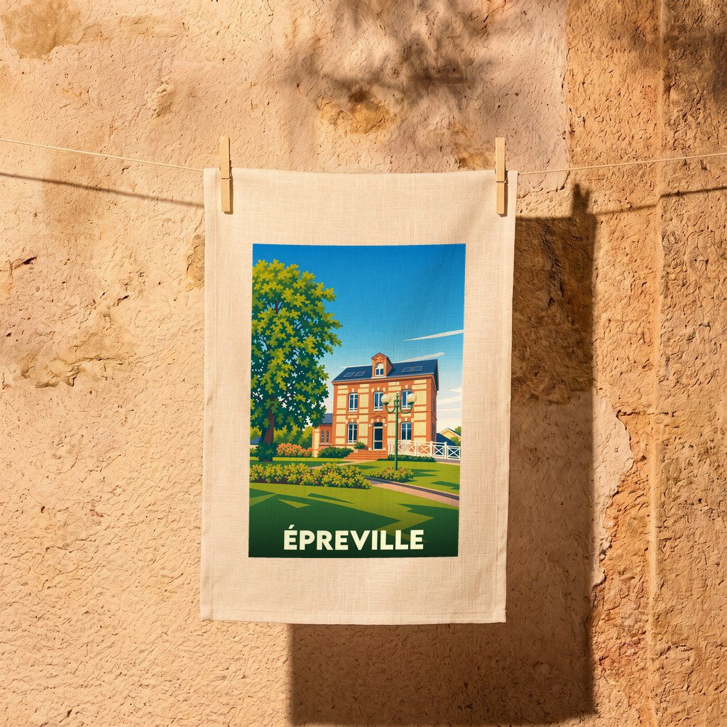 Torchon souvenir de la ville d'Épreville orné d'une illustration stylisée d'une demeure traditionnelle normande.