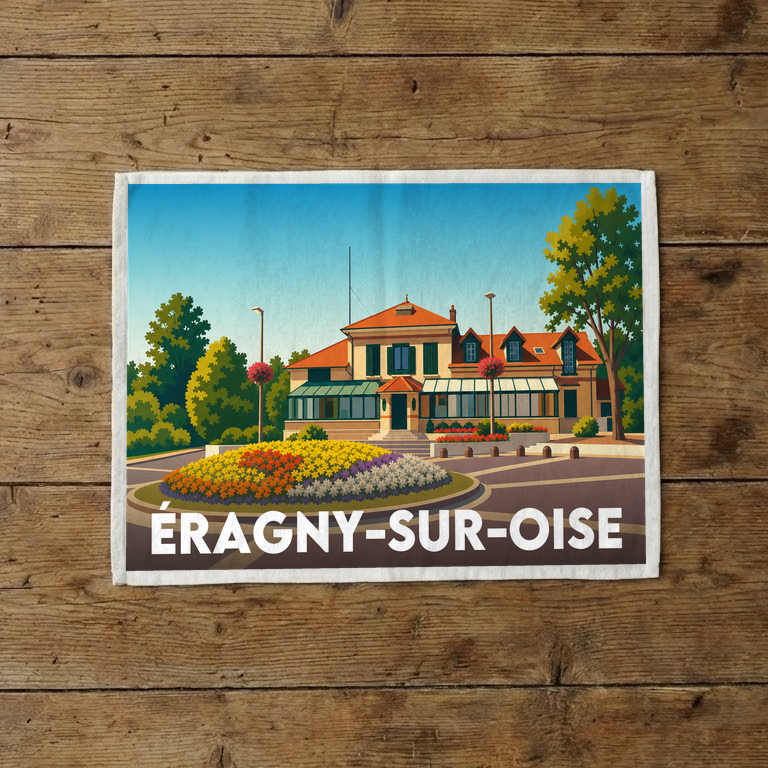 Torchon souvenir de la ville d'Éragny-sur-Oise avec une illustration stylisée.