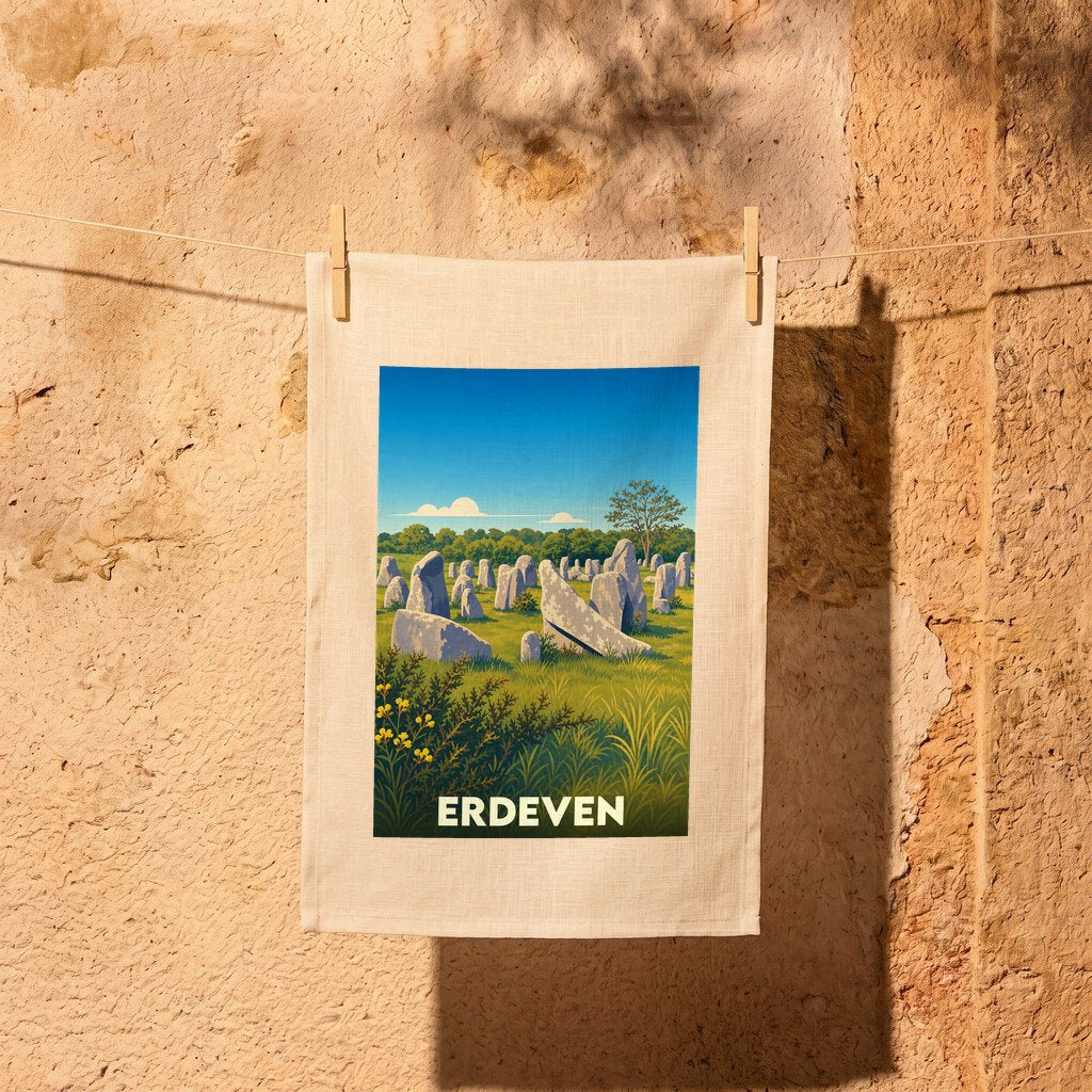 Torchon souvenir de la ville d'Erdeven illustré par un champ de mégalithes sous un ciel bleu.
