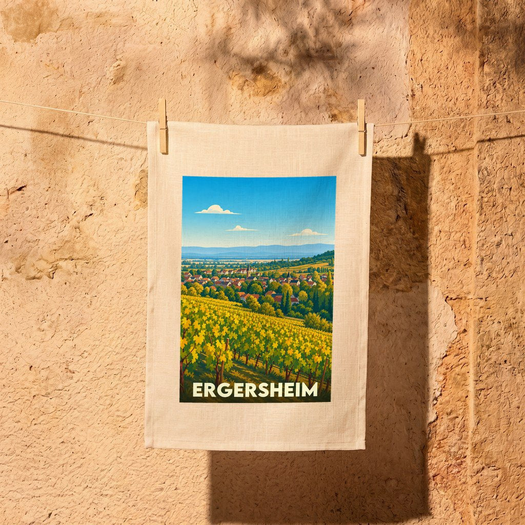 Torchon souvenir de la ville d'Ergersheim avec une illustration stylisée de ses vignobles.