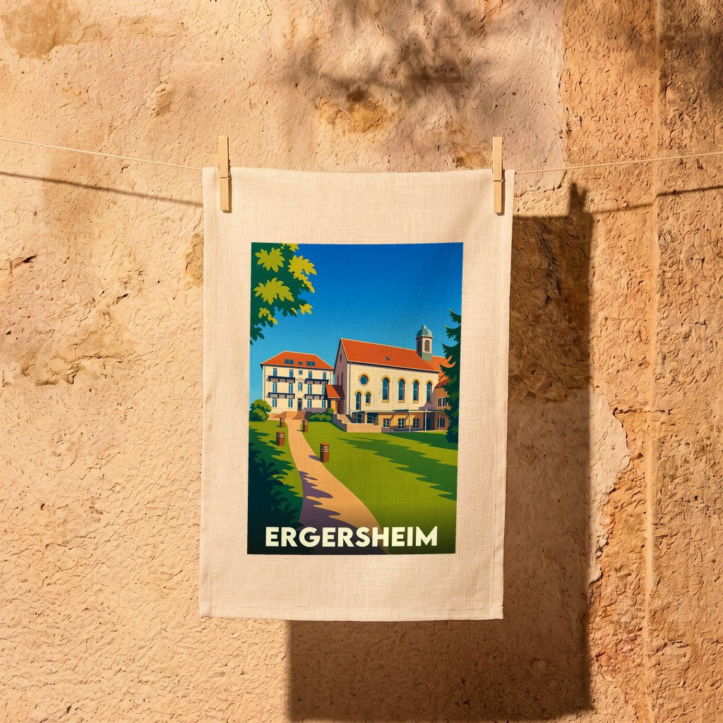 Torchon souvenir de la ville d'Ergersheim avec une illustration stylisée.