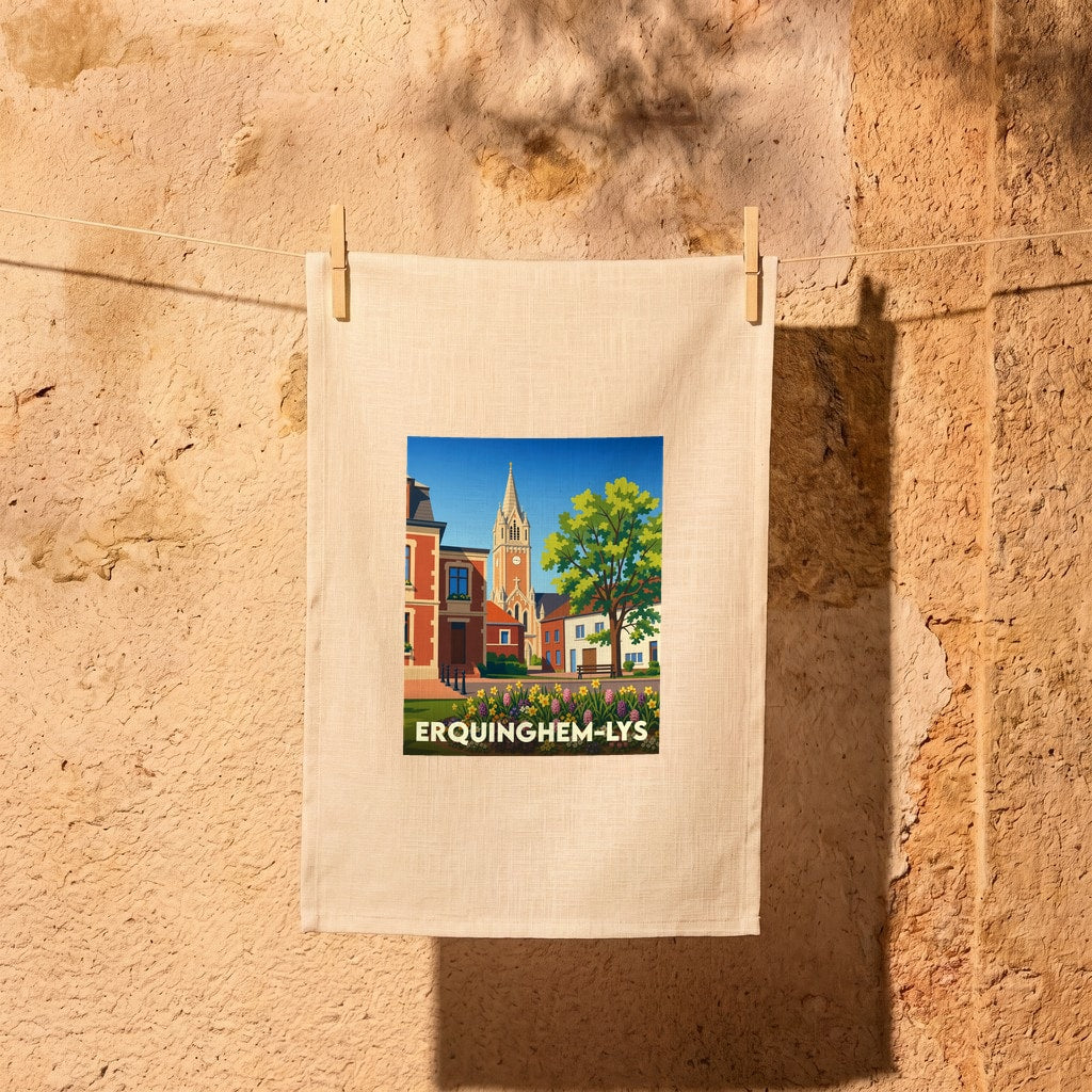 Torchon souvenir de la ville d’Erquinghem-Lys avec une illustration stylisée et colorée du centre-ville.