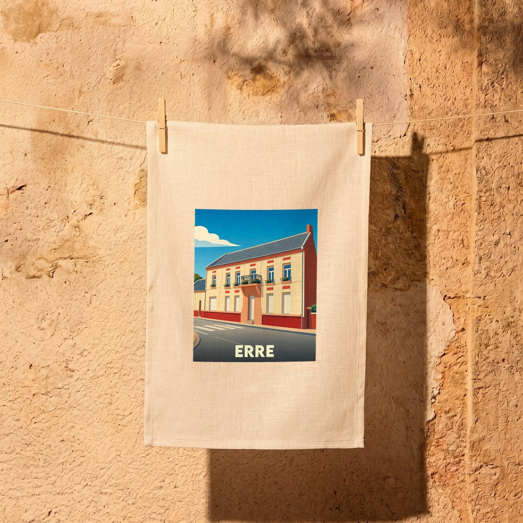 Torchon souvenir de la ville de Erre avec une illustration stylisée de son architecture.
