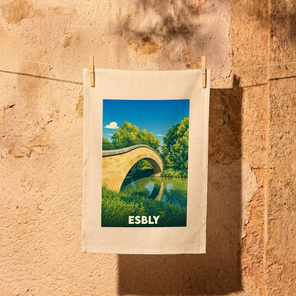 Torchon souvenir de la ville de Esbly illustré d'un pont en pierre au-dessus d'une rivière.