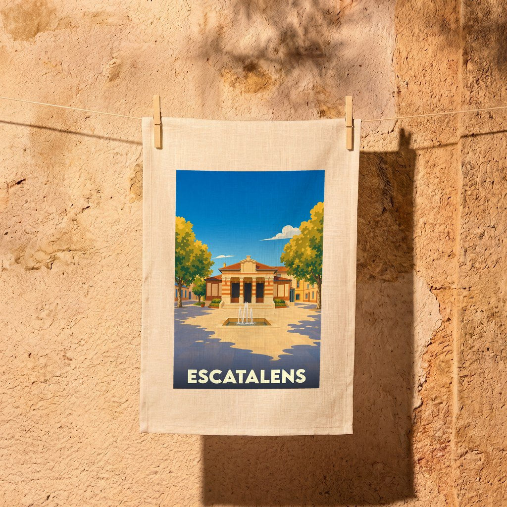 Torchon souvenir de la ville d'Escatalens avec une illustration stylisée d'une place ensoleillée.